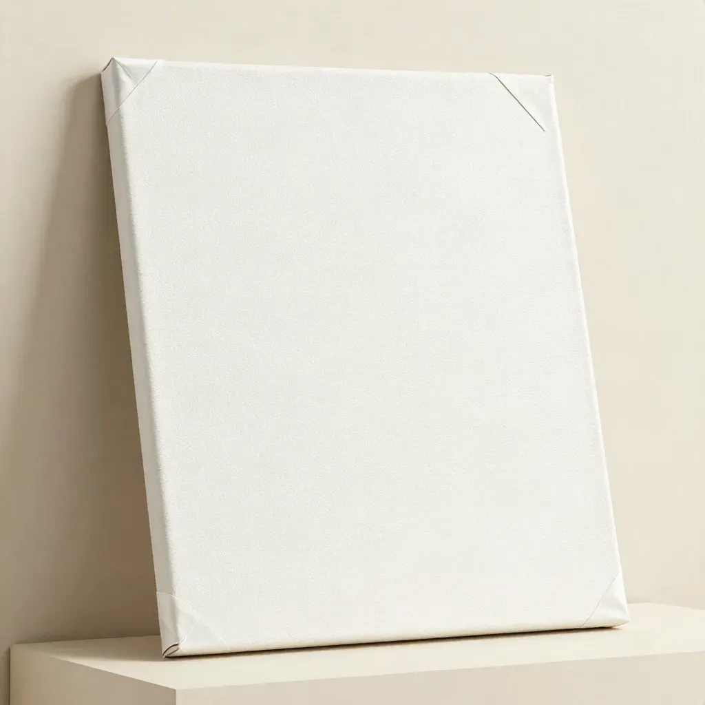 Bright family-photo canvas with corner sample and hanging strip against an ivory backdrop.