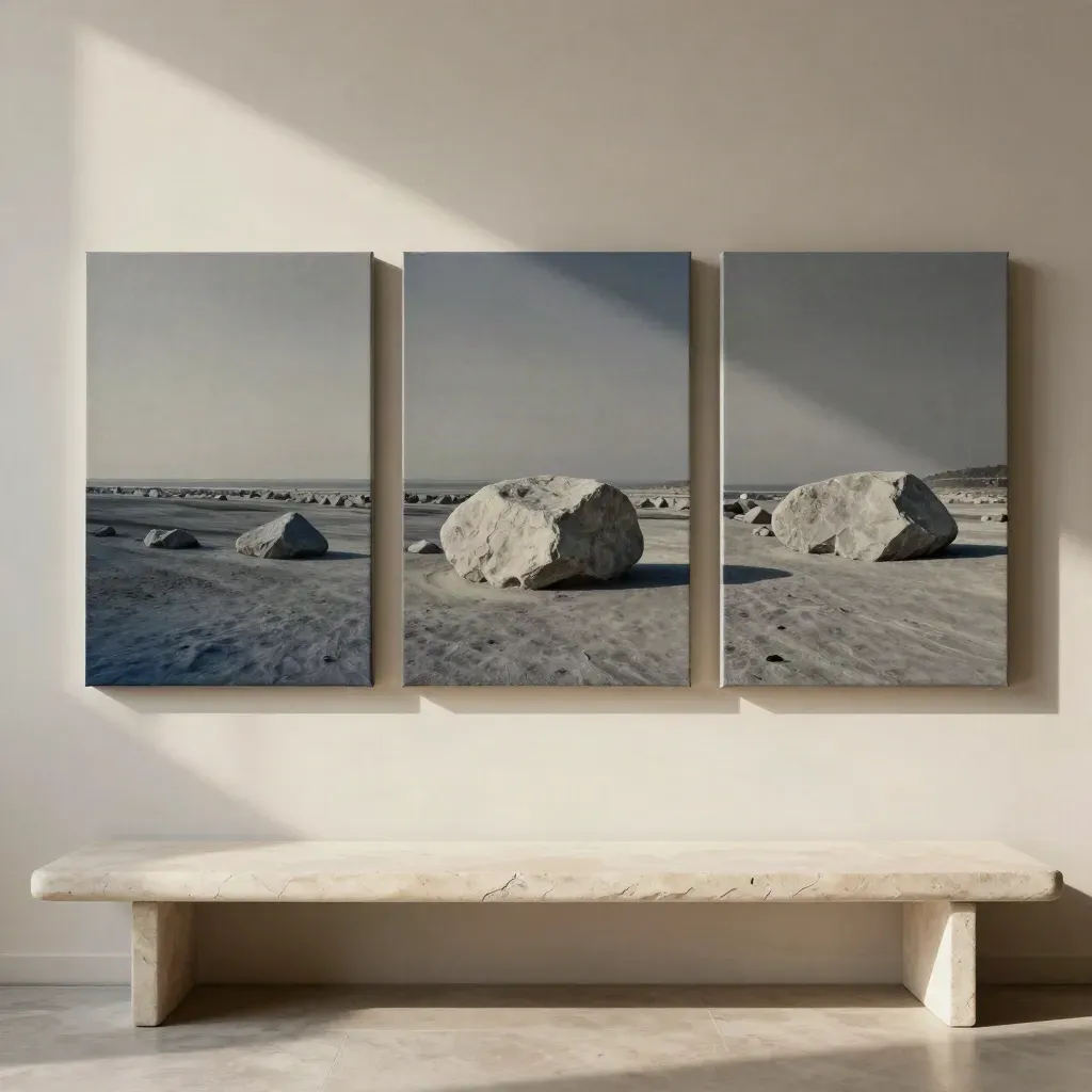 Three-panel canvas wall set on a pale stone bench in soft daylight