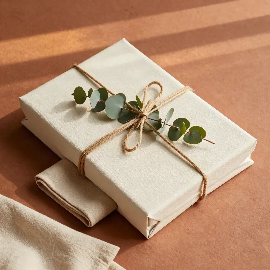 Gift canvas print wrapped with tissue, twine, cloth and greenery on terracotta slab