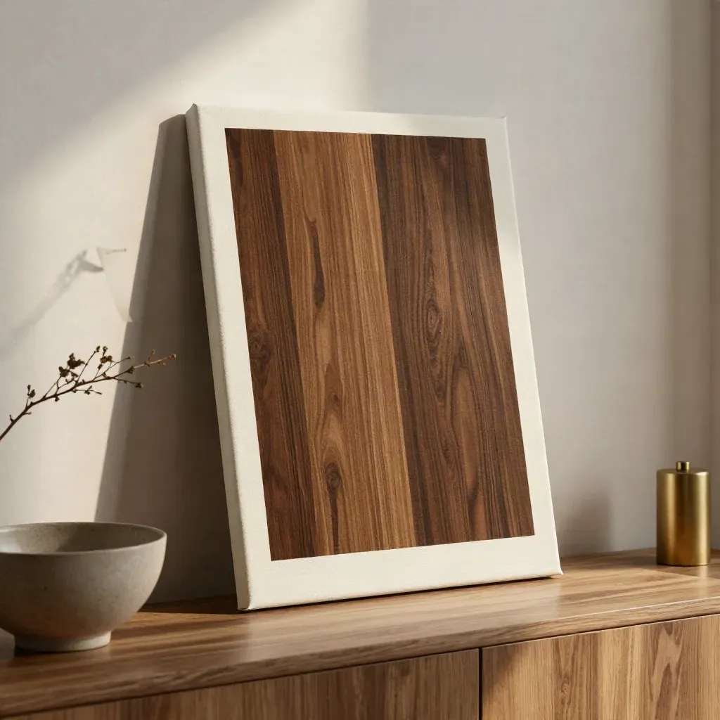 18x24 canvas print on a brushed oak console with a bowl and dry stem in warm window light