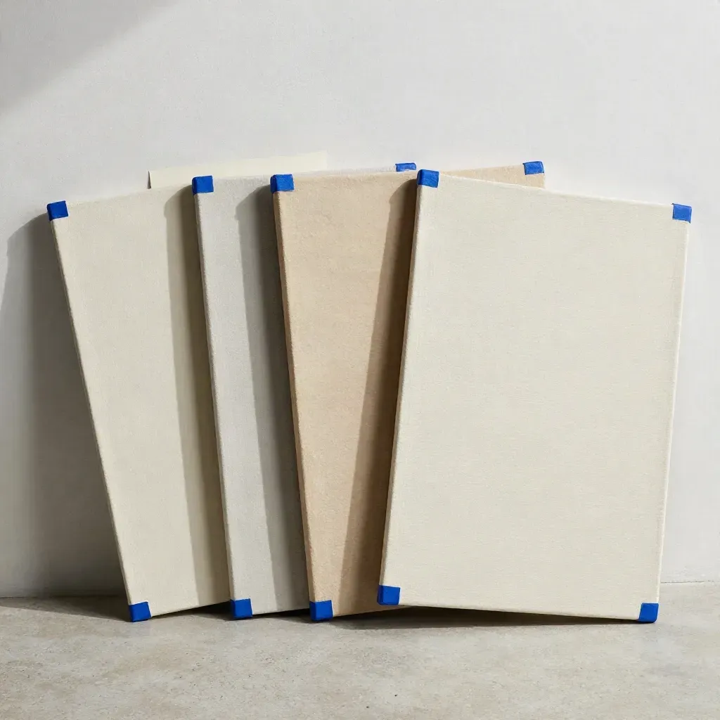 Three canvas panels in an arc on pale concrete with cobalt spacer blocks, overhead flatlay
