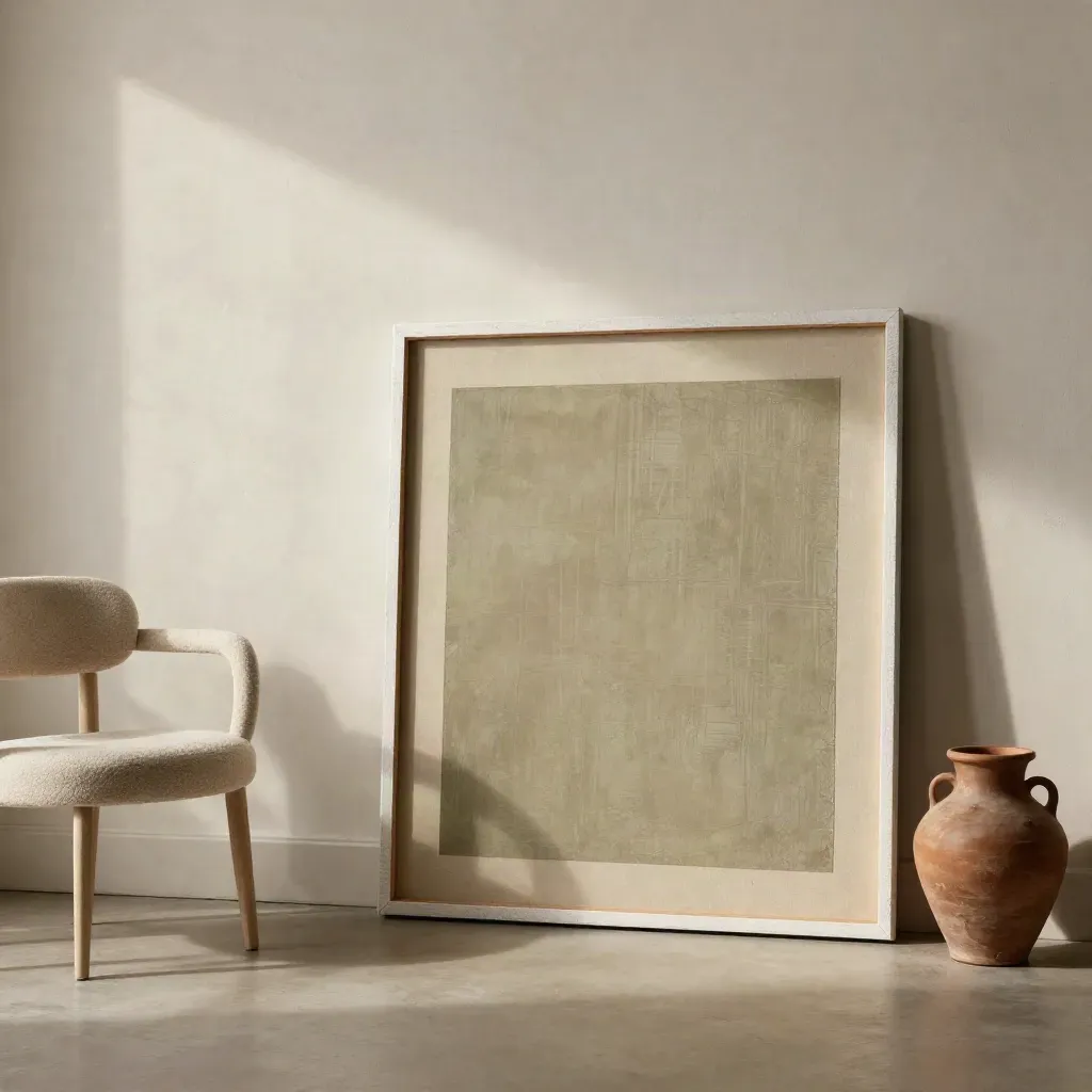Framed canvas leaning in a sunlit plaster gallery corner with soft neutral copy space.